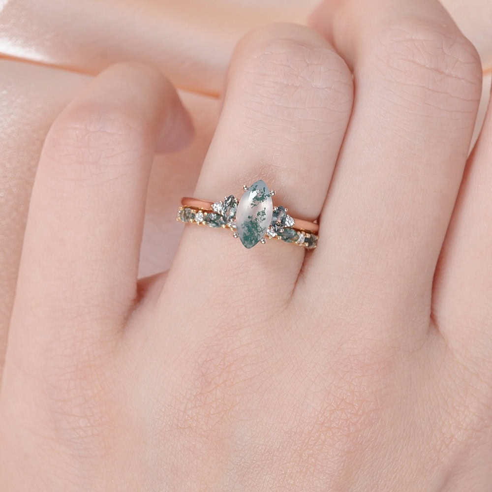 Five Stone Marquise Cut Moss Agate Ring- Emery - Image 4