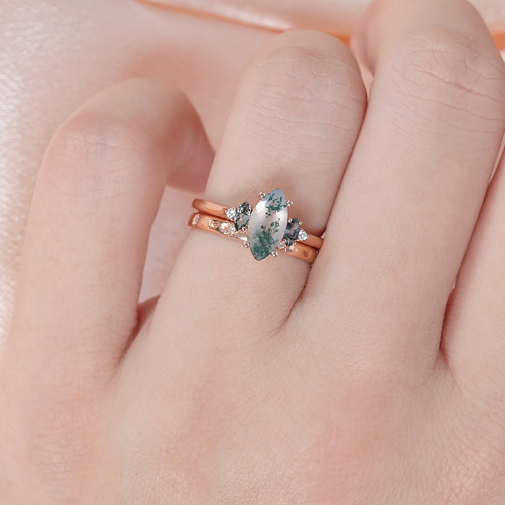 Five Stone Marquise Cut Moss Agate Ring- Emery - Image 6