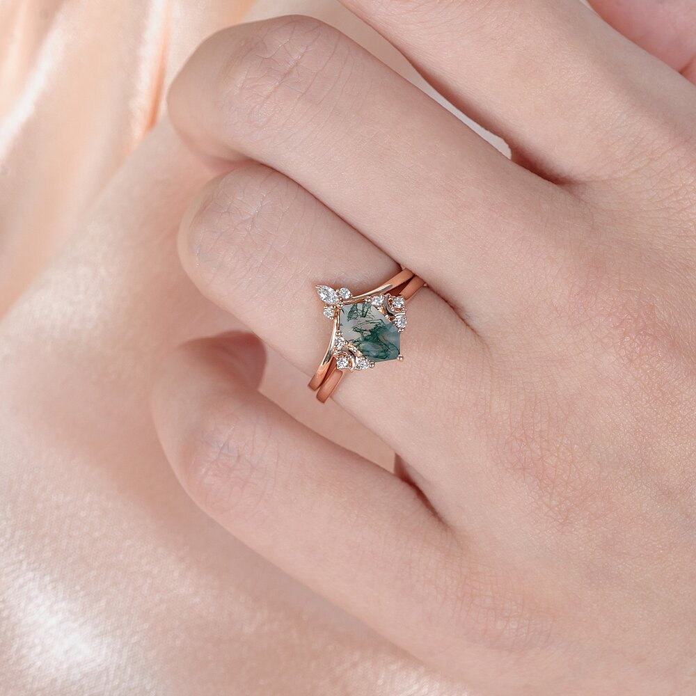 Crescent Moon Hexagon Cut Moss Agate Ring -  Adele - Image 2