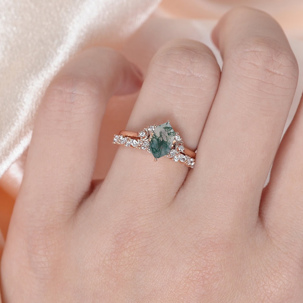 Crescent Moon Hexagon Cut Moss Agate Ring -  Adele - Image 4