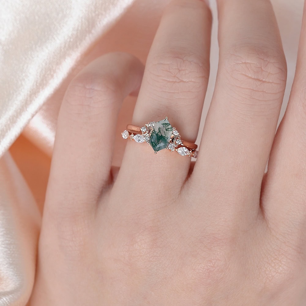 Crescent Moon Hexagon Cut Moss Agate Ring -  Adele - Image 5