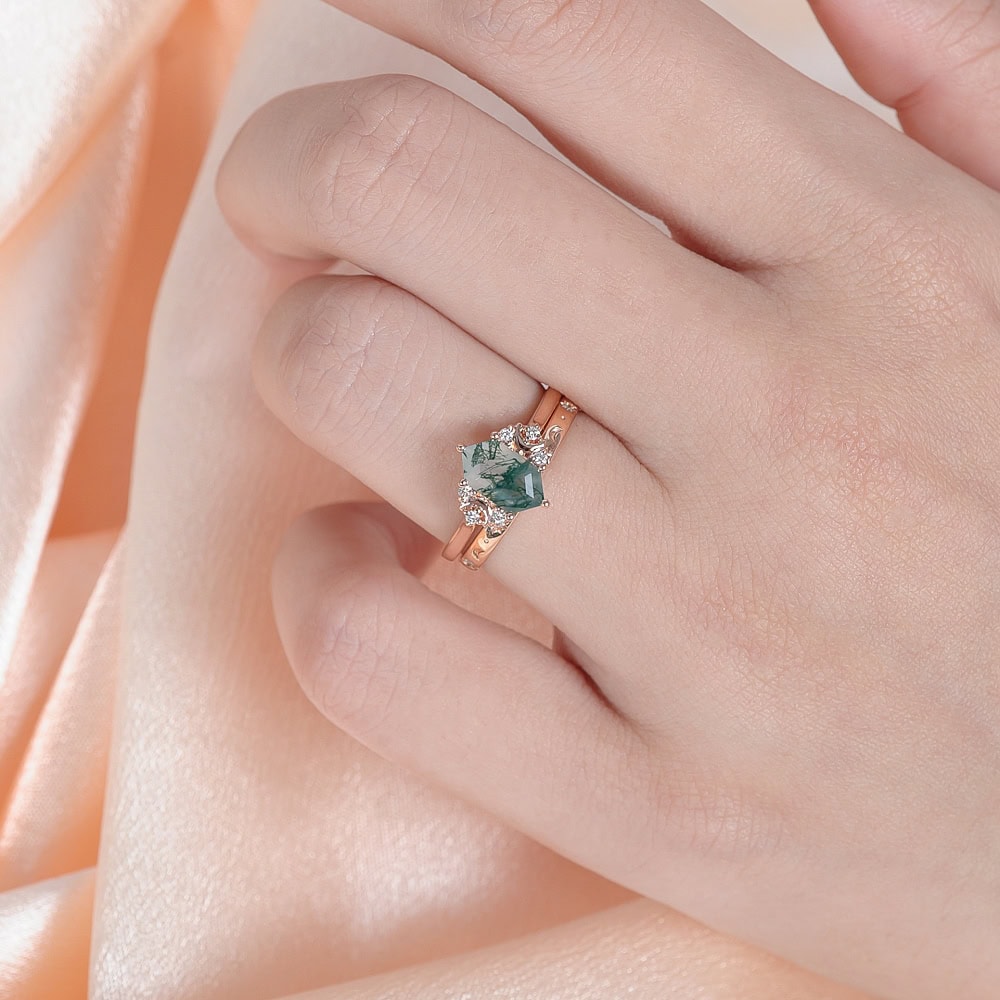 Crescent Moon Hexagon Cut Moss Agate Ring -  Adele - Image 6