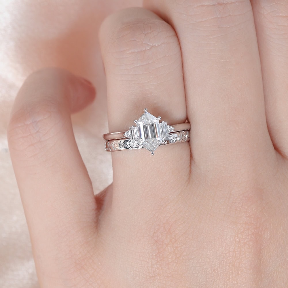 Hexagon Moissanite And Baguette Diamond Ring - Lacey - Image 5