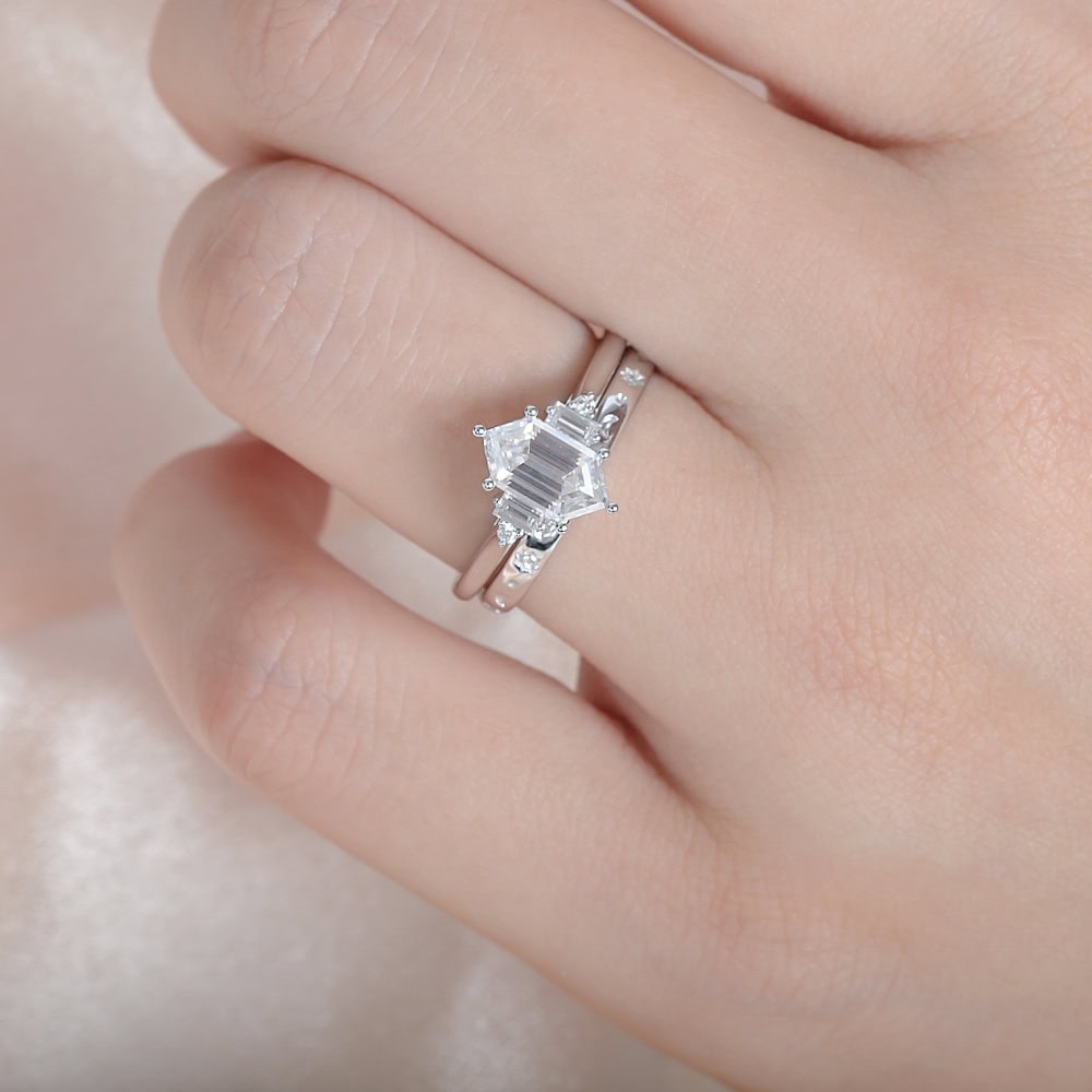 Hexagon Moissanite And Baguette Diamond Ring - Lacey - Image 4