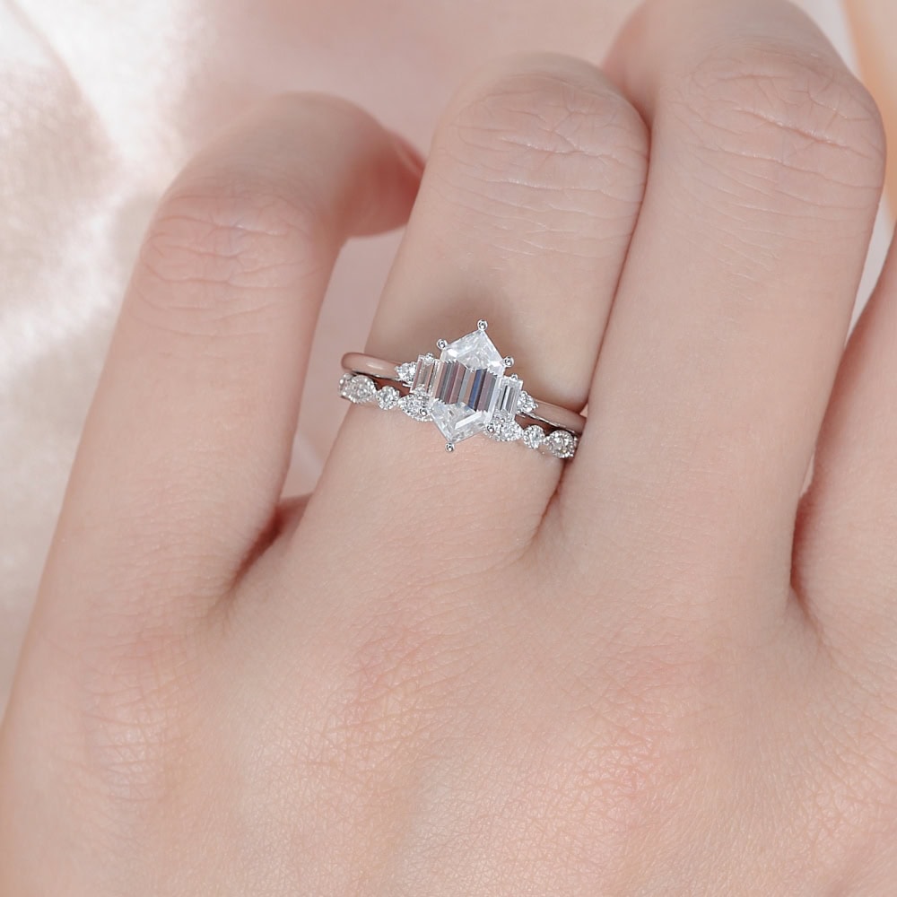 Hexagon Moissanite And Baguette Diamond Ring - Lacey - Image 3