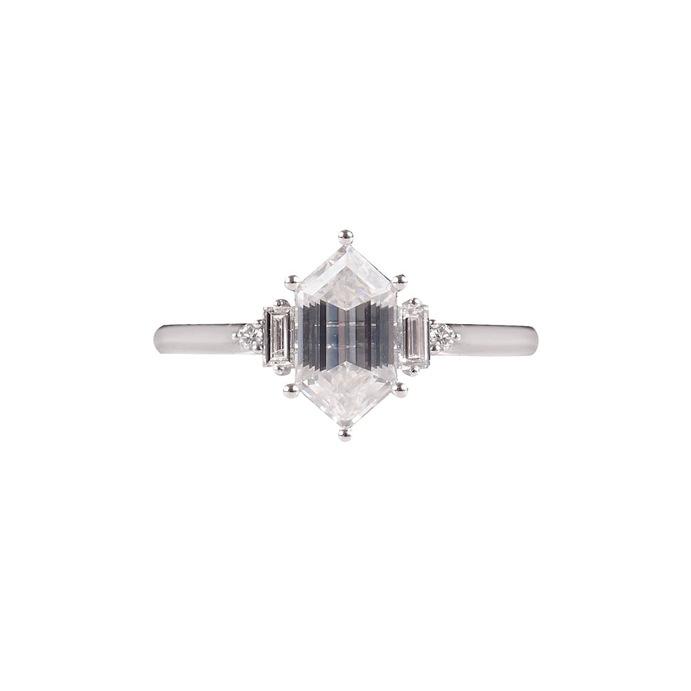 Hexagon Moissanite And Baguette Diamond Ring - Lacey