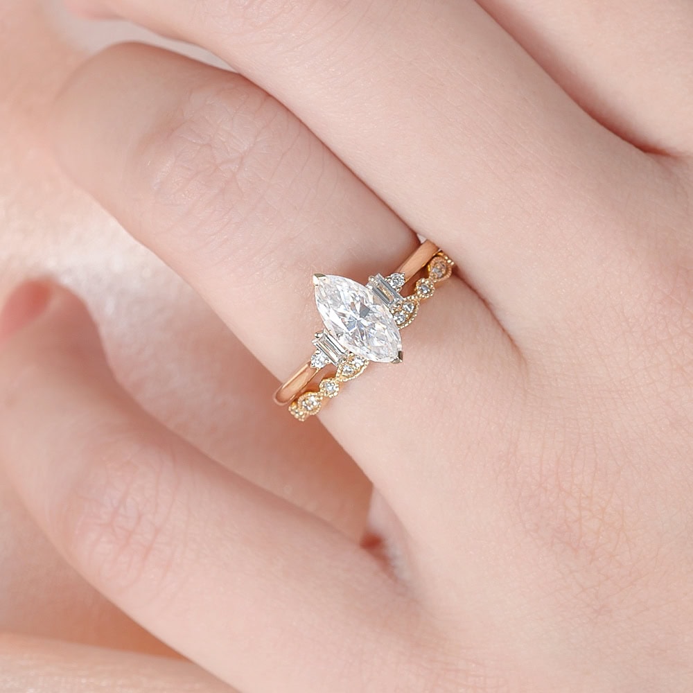 Marquise Cut Moissanite And Baguette Diamond Ring - Desiree - Image 2