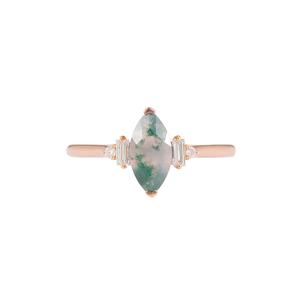Marquise Cut Moss Agate And Baguette Diamond Ring - Heather