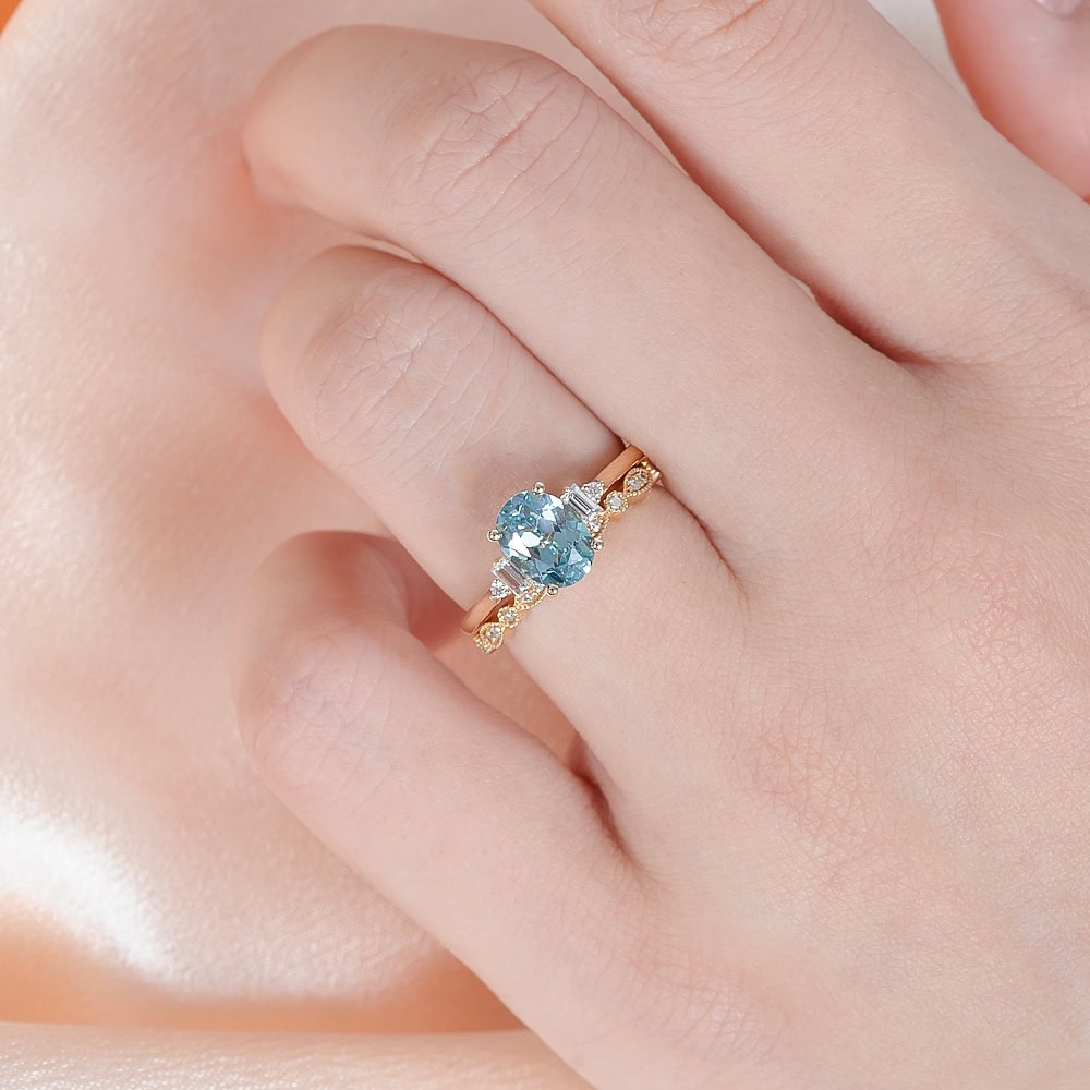 Oval Mint Green Sapphire And Baguette Diamond Ring - Tansy - Image 4