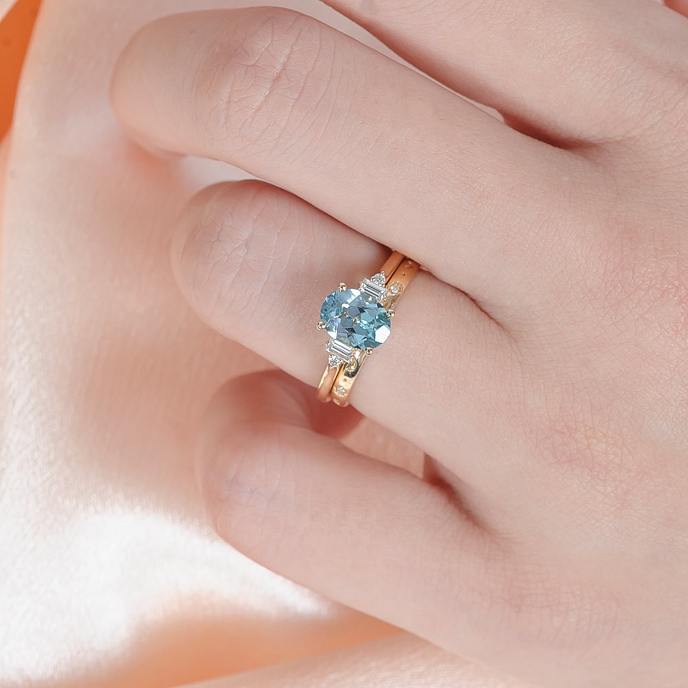 Oval Mint Green Sapphire And Baguette Diamond Ring - Tansy - Image 2
