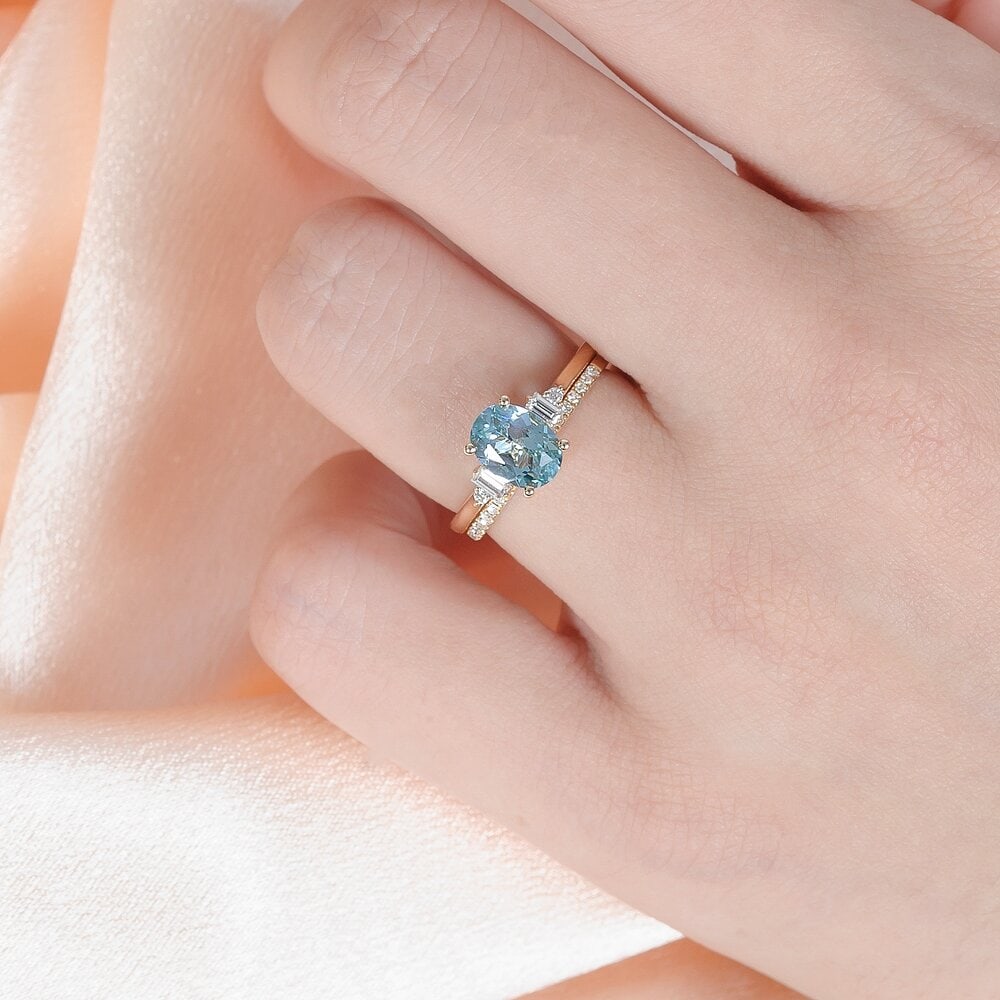 Oval Mint Green Sapphire And Baguette Diamond Ring - Tansy - Image 3