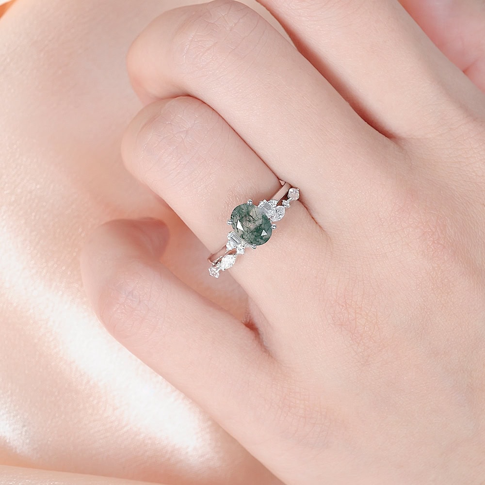 Oval Moss Agate And Baguette Diamond Ring - Nyx - Image 2