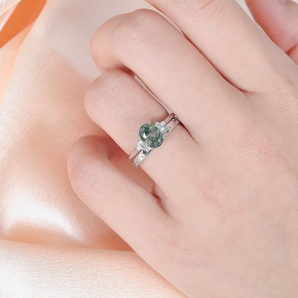 Oval Moss Agate And Baguette Diamond Ring - Nyx - Image 3