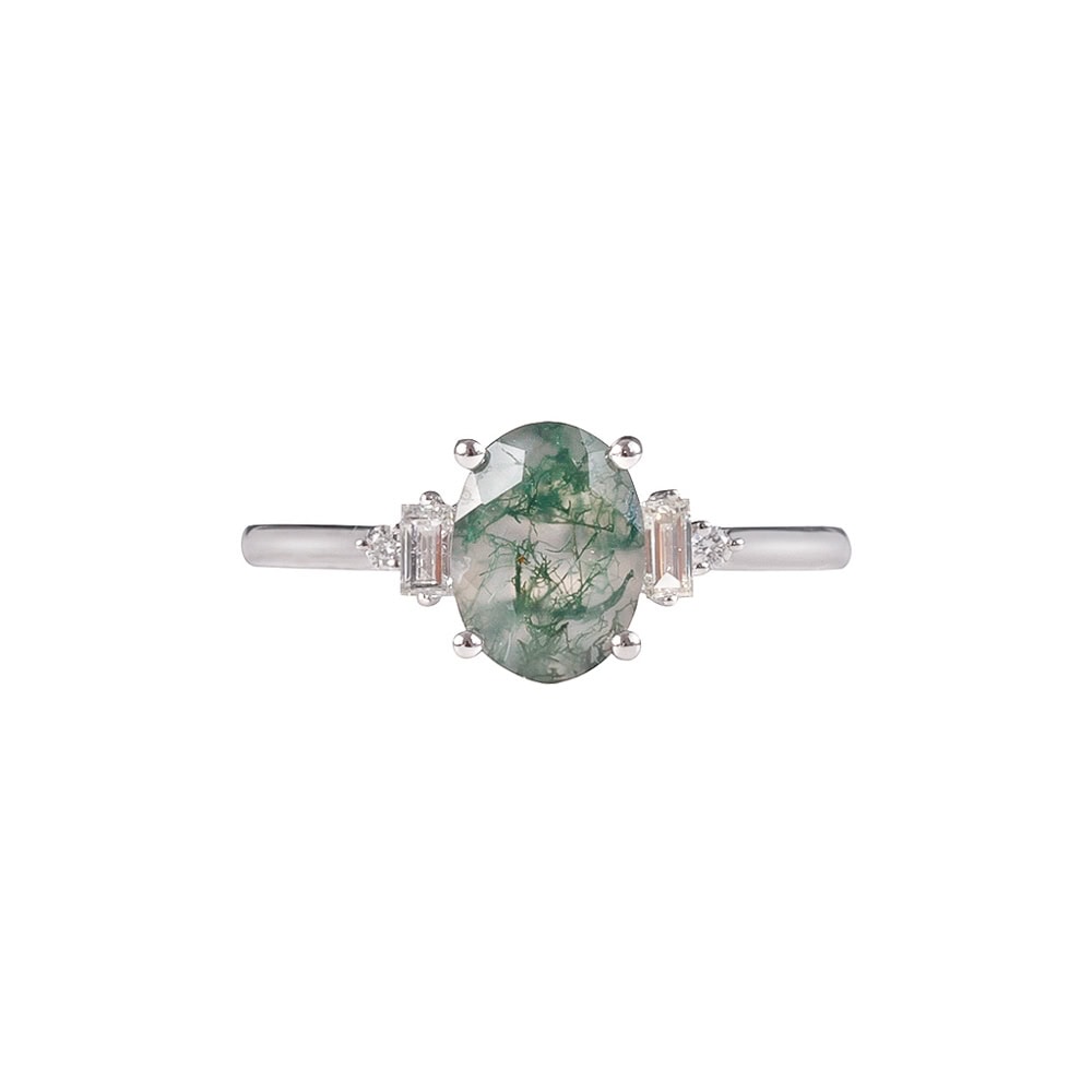 Oval Moss Agate And Baguette Diamond Ring - Nyx