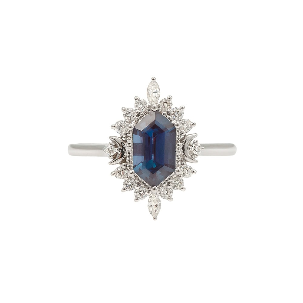 Art Deco Crescent Moon Hexagon Cut Ring In Alexandrite - Vienna