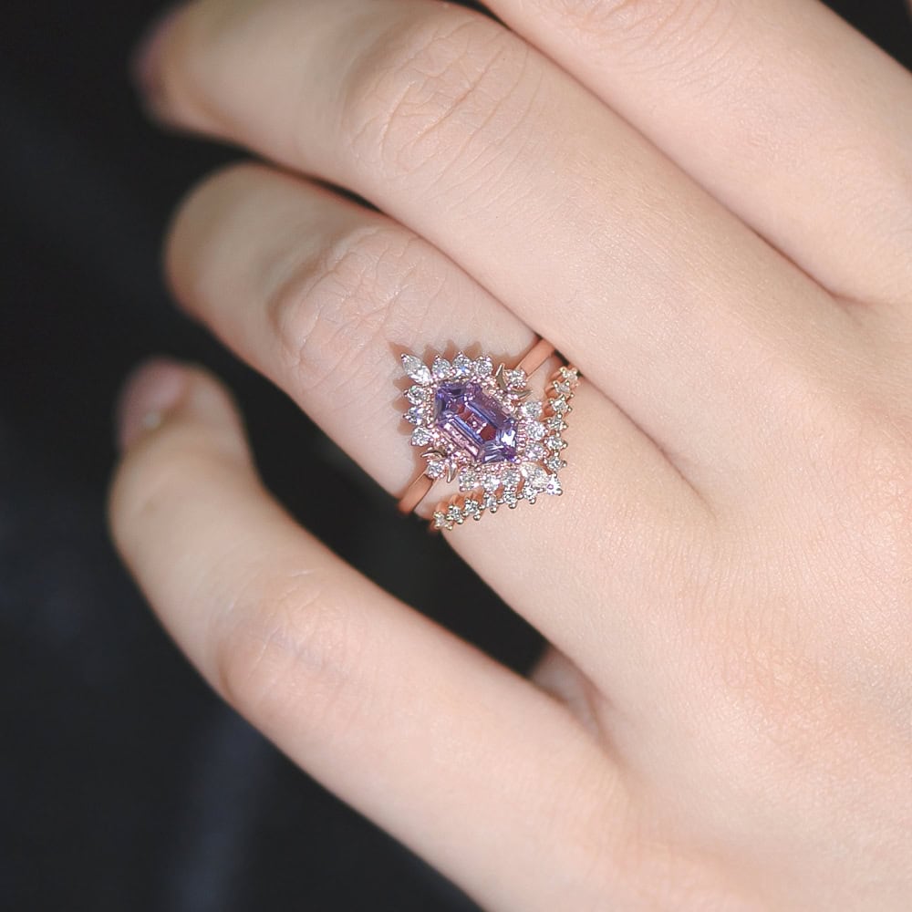 Art Deco Crescent Moon Hexagon Cut Ring In Amethyst - Vienna - Image 2