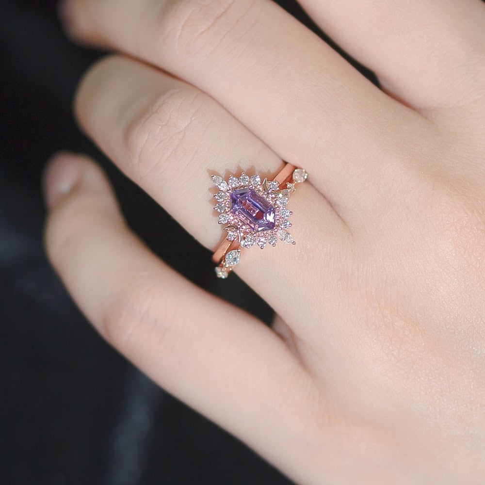 Art Deco Crescent Moon Hexagon Cut Ring In Amethyst - Vienna - Image 3