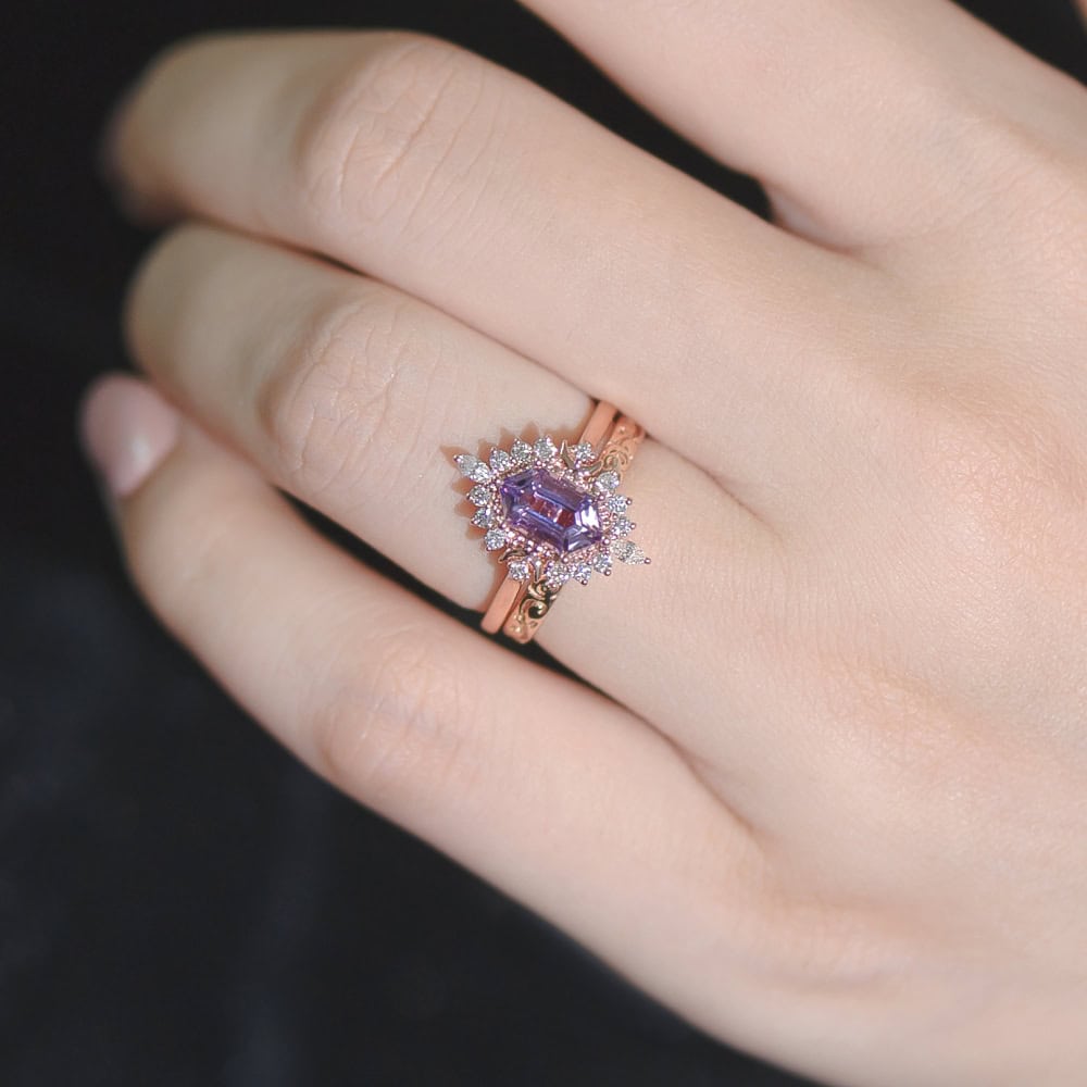 Art Deco Crescent Moon Hexagon Cut Ring In Amethyst - Vienna - Image 4