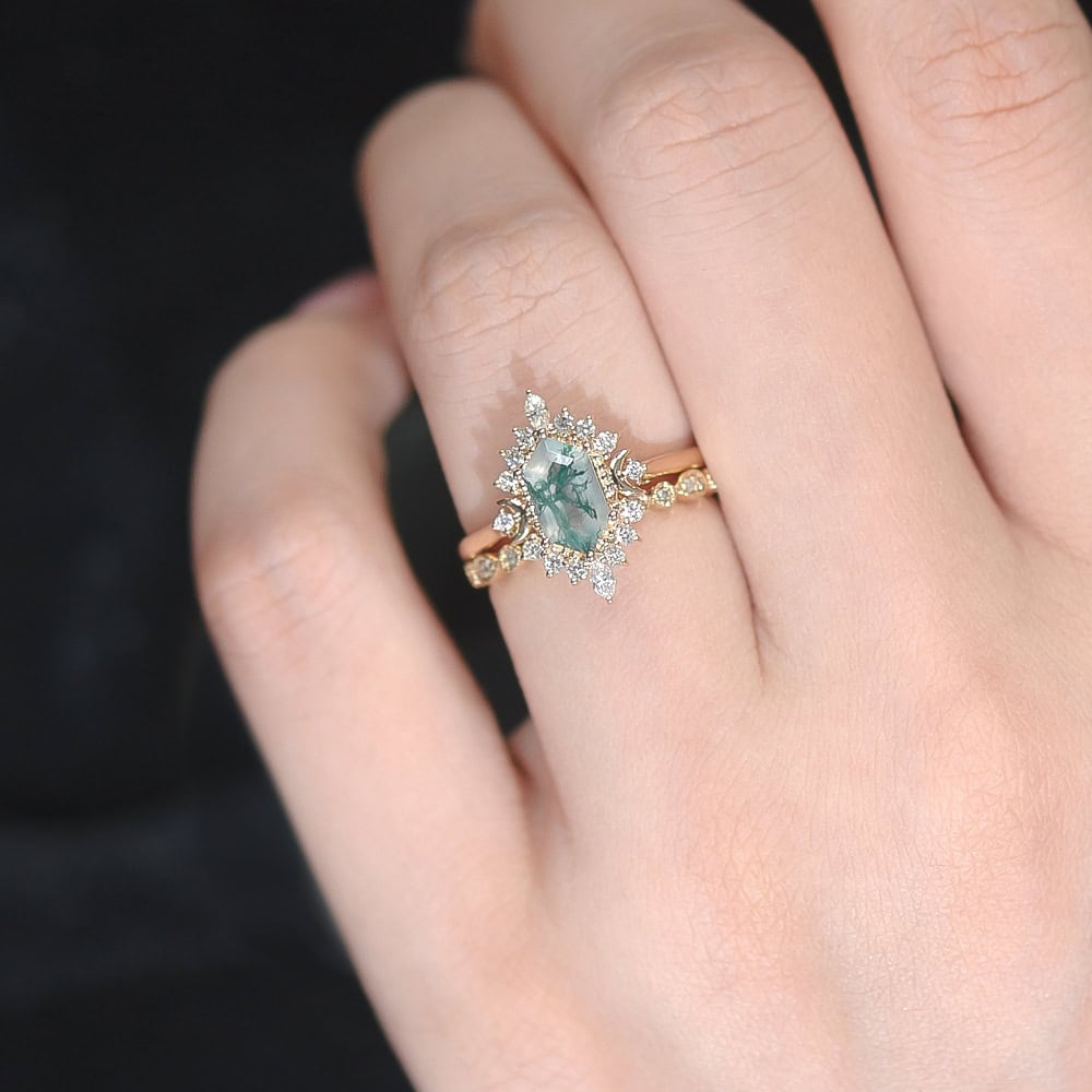 Art Deco Crescent Moon Hexagon Cut Ring In Moss Agate - Vienna - Image 2