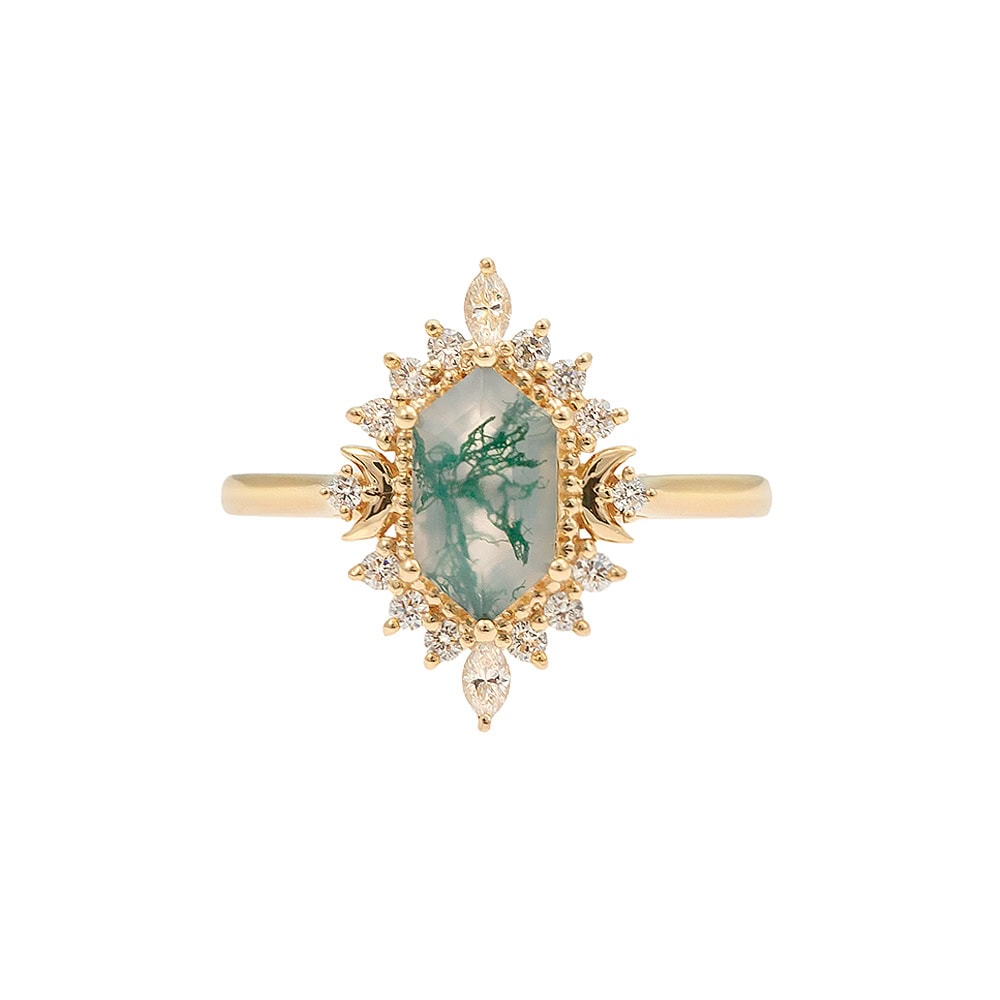 Art Deco Crescent Moon Hexagon Cut Ring In Moss Agate - Vienna