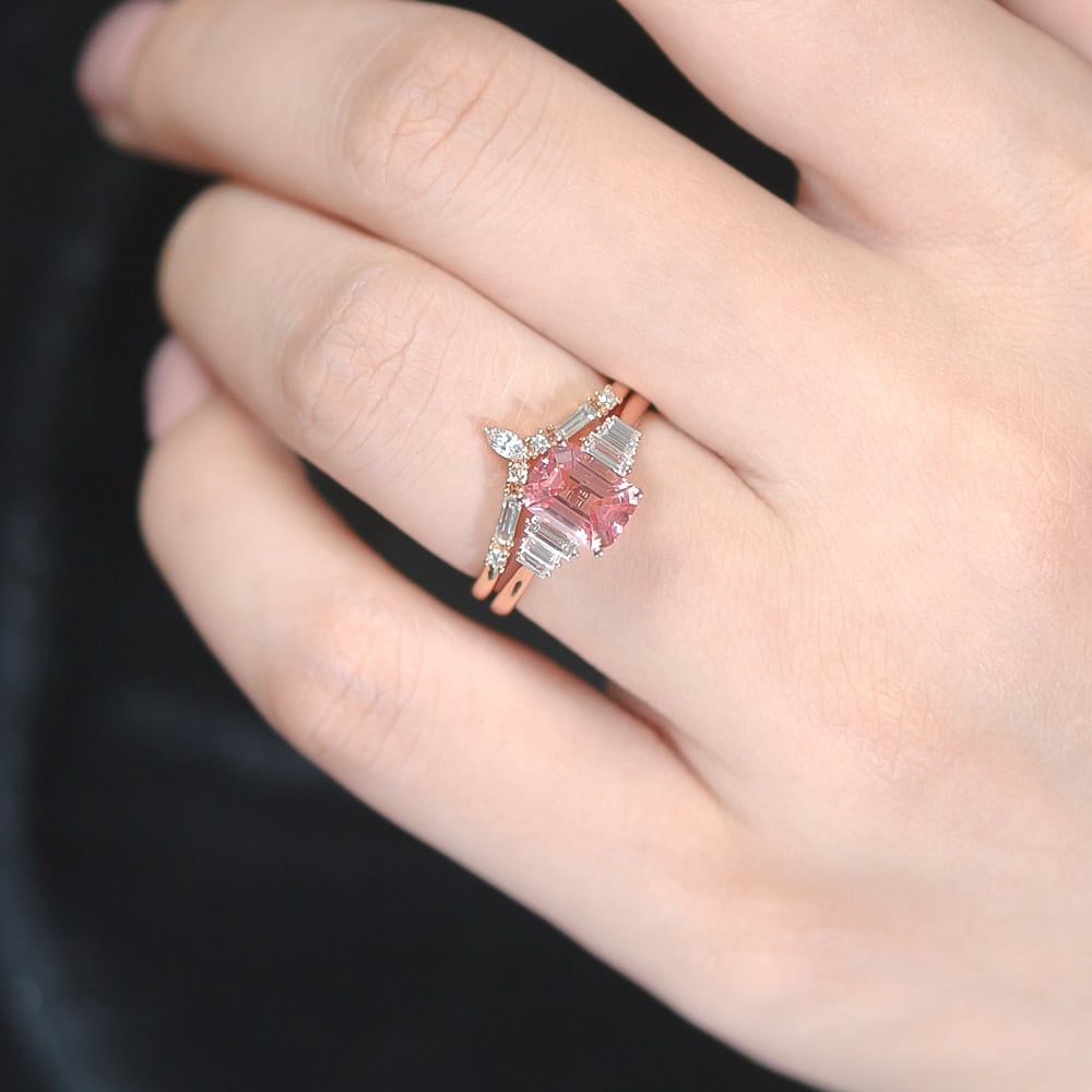 Art Deco Inspired Emerald Cut Peach Sapphire Ring – Fiona - Image 2