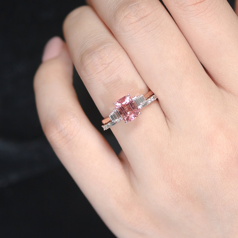 Art Deco Inspired Emerald Cut Peach Sapphire Ring – Fiona - Image 3