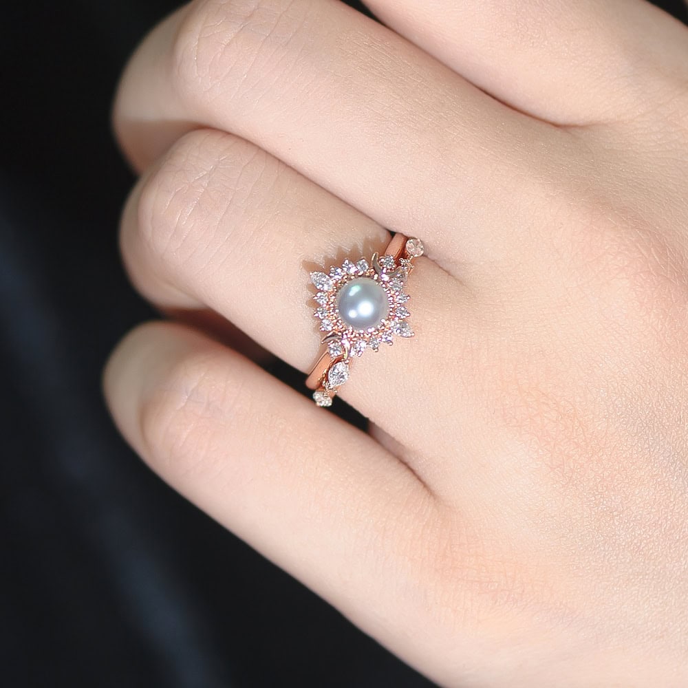 Crescent Moon Art Deco Grey Pearl Ring - Adeline - Image 2