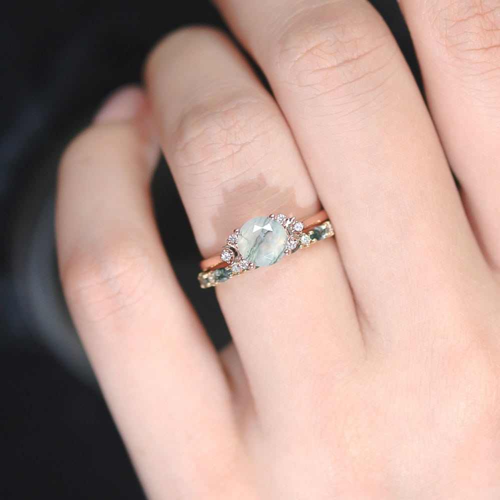 Minimalist Crescent Moon Round Cut Ring In Moss Agate - Celia - Image 2