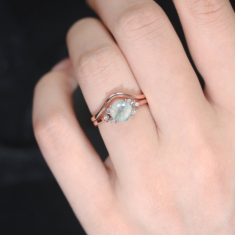 Minimalist Crescent Moon Round Cut Ring In Moss Agate - Celia - Image 3