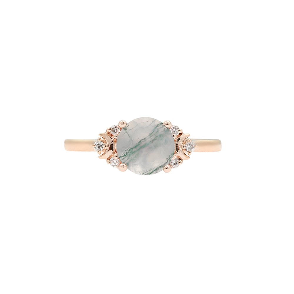 Minimalist Crescent Moon Round Cut Ring In Moss Agate - Celia