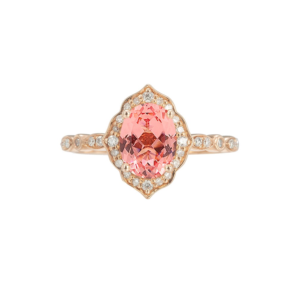 Oval Floral Vintage Peach Sapphire Ring - Harmony