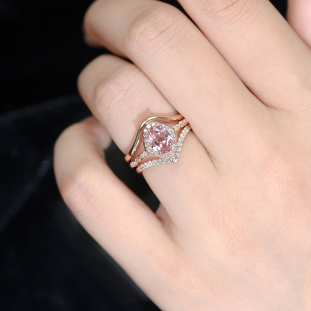 Oval Floral Vintage Peach Sapphire Ring - Harmony - Image 2