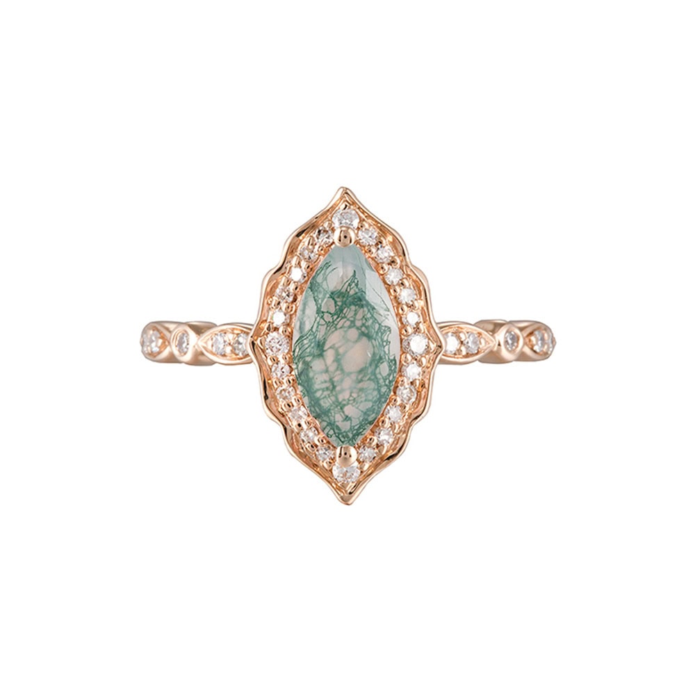 Vintage Marquise Cut Moss Agate Ring- Foster