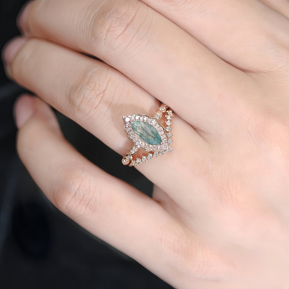 Vintage Marquise Cut Moss Agate Ring- Foster - Image 2