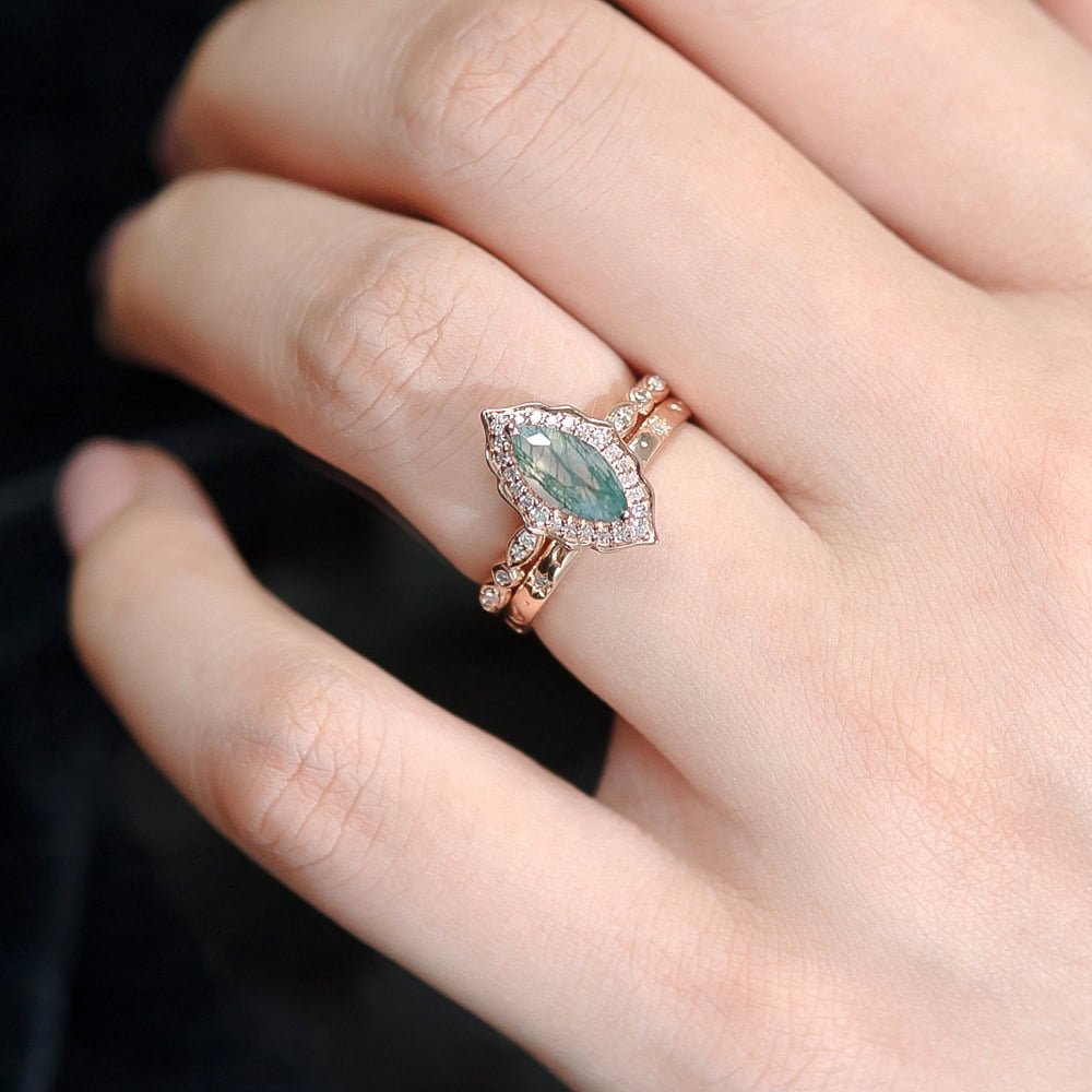 Vintage Marquise Cut Moss Agate Ring- Foster - Image 4
