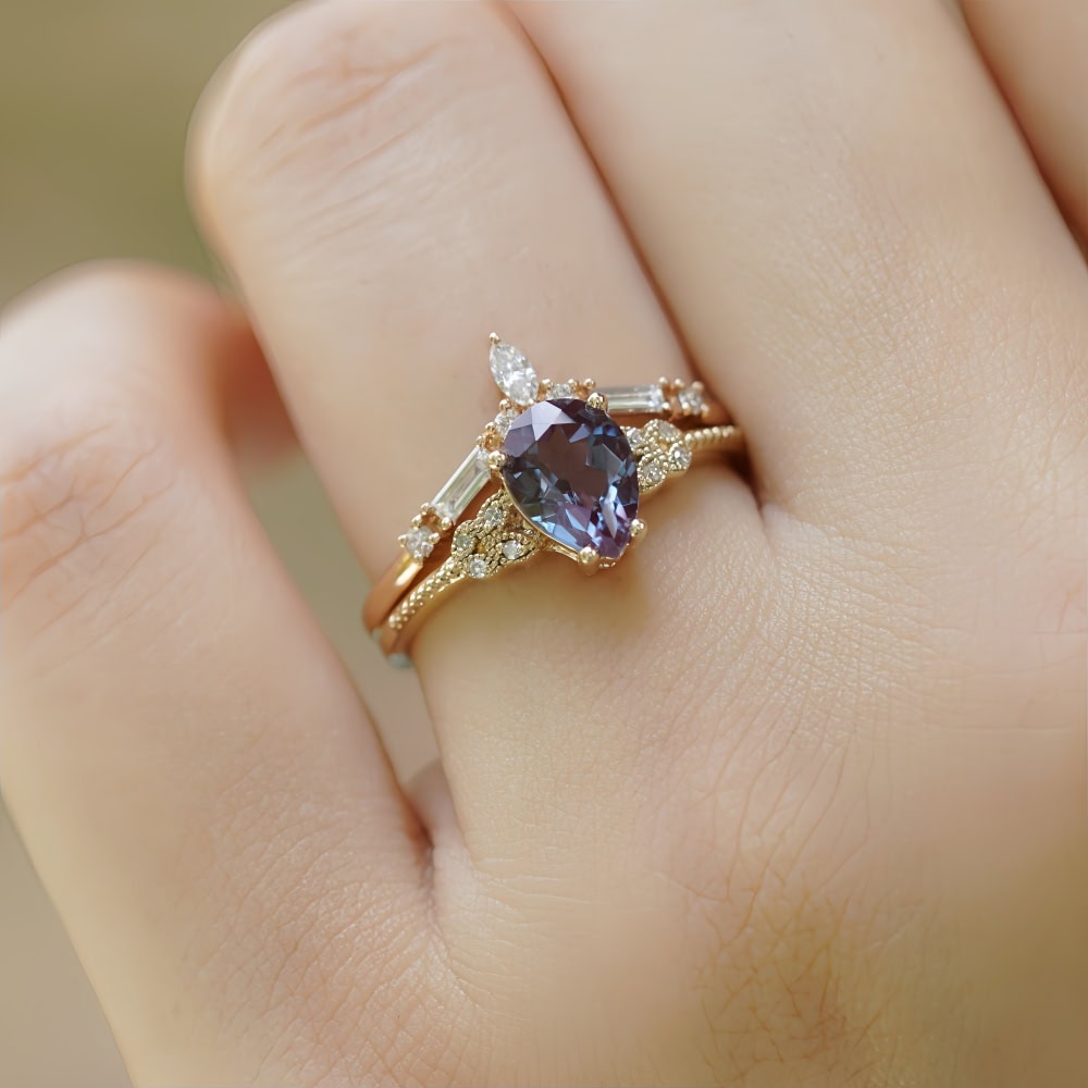 Nature Inspired Pear Cut Alexandrite Ring- Rowan - Image 2