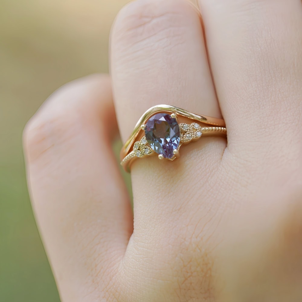 Nature Inspired Pear Cut Alexandrite Ring- Rowan - Image 3