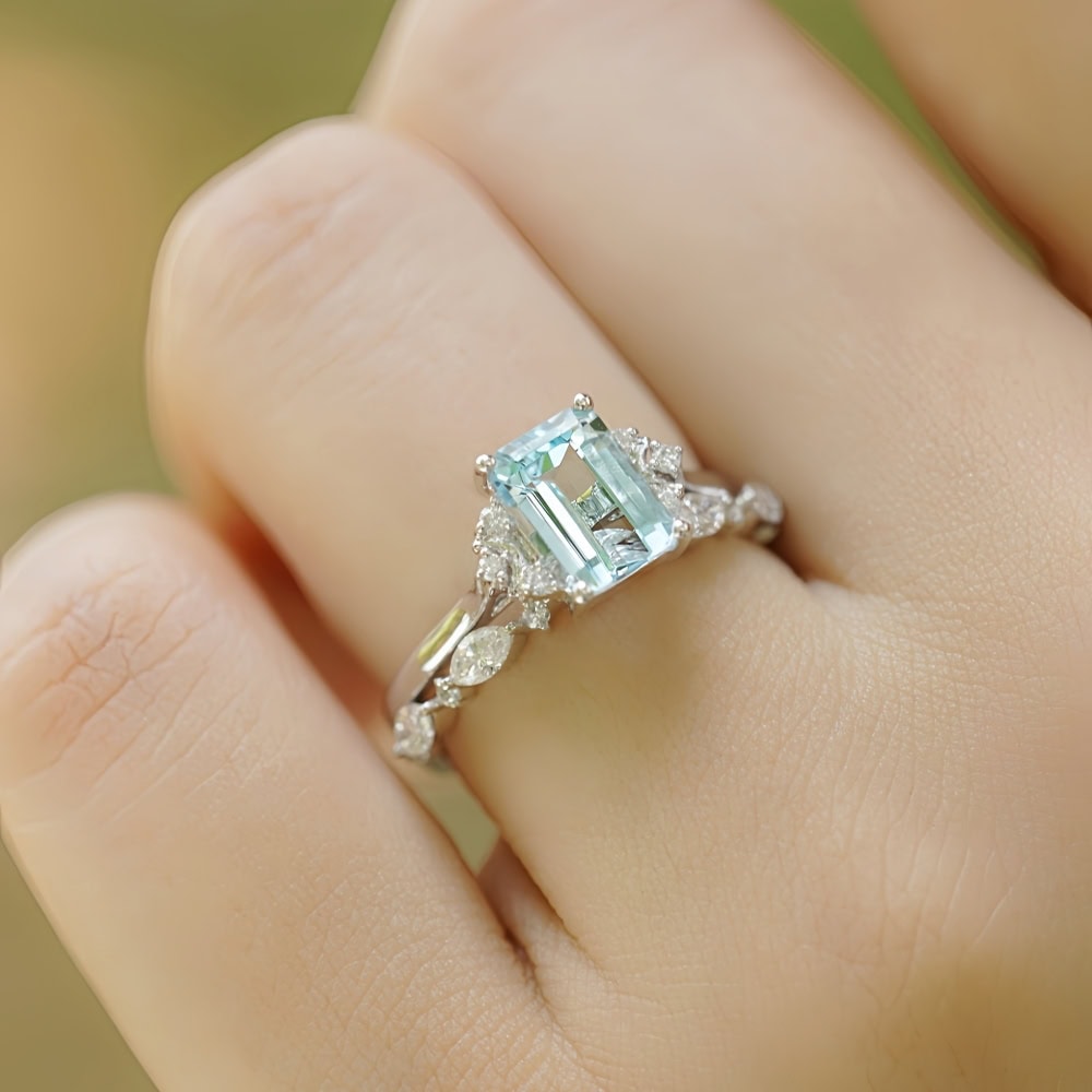 Crescent Moon Emerald Cut Aquamarine Ring - Kaia - Image 2