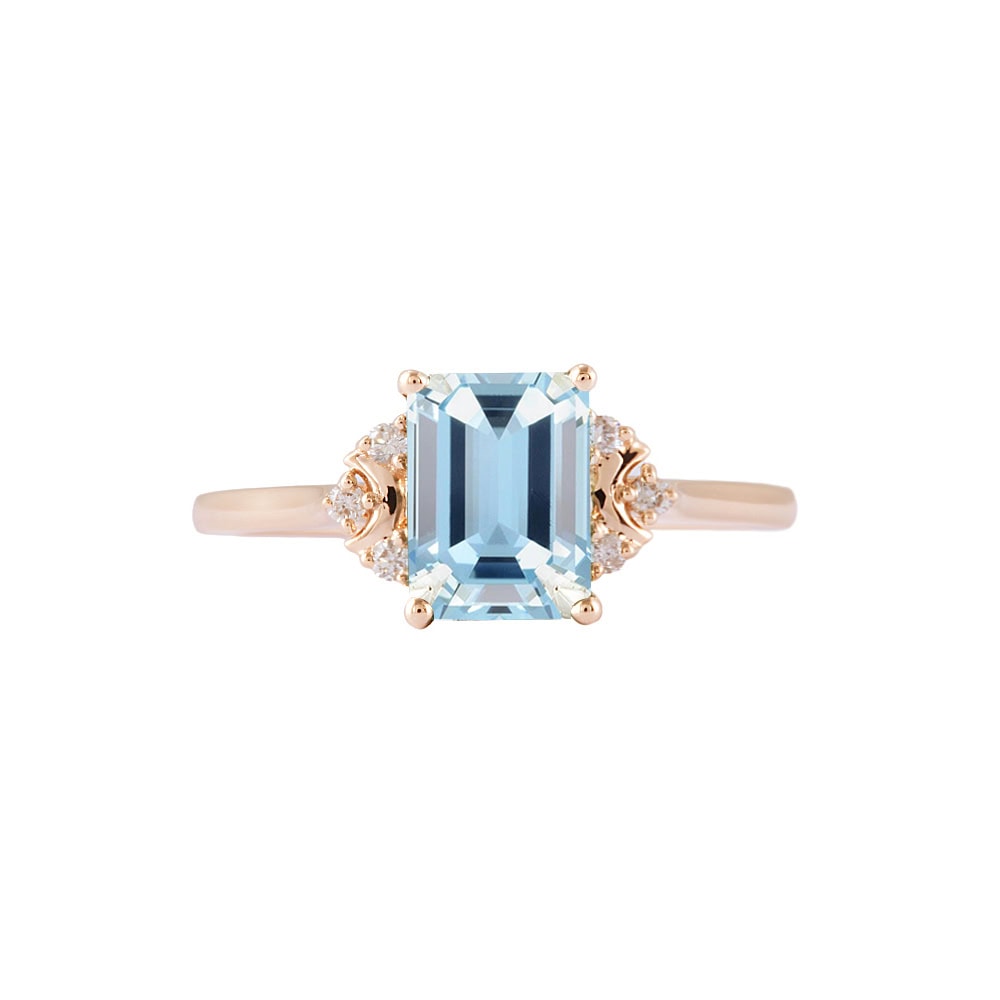 Crescent Moon Emerald Cut Aquamarine Ring - Kaia
