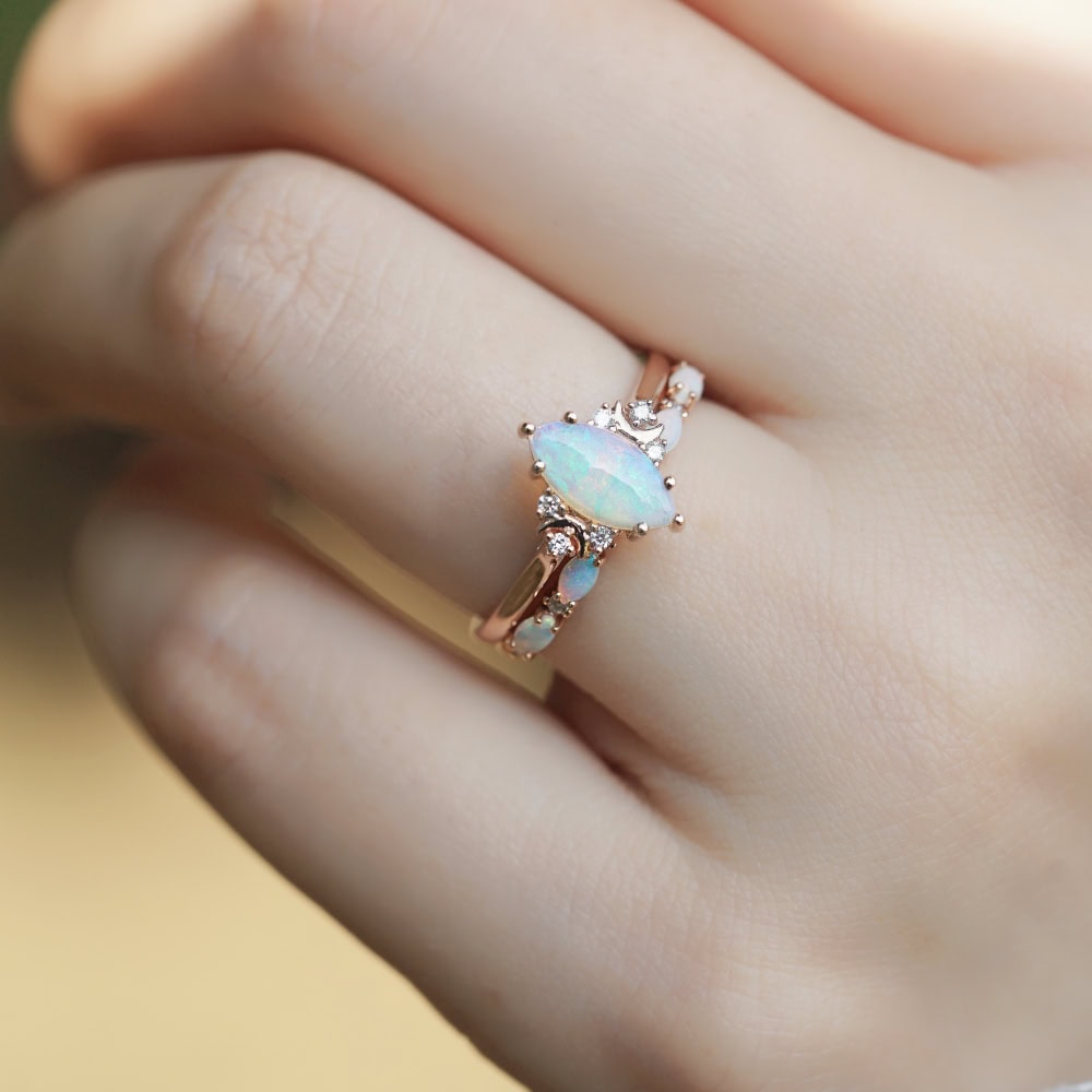 Crescent Moon Marquise Cut Opal Ring - Iona - Image 2
