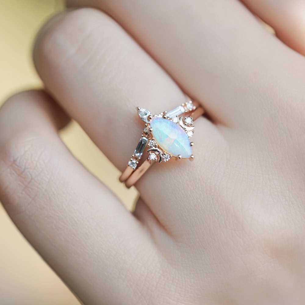 Crescent Moon Marquise Cut Opal Ring - Iona - Image 3