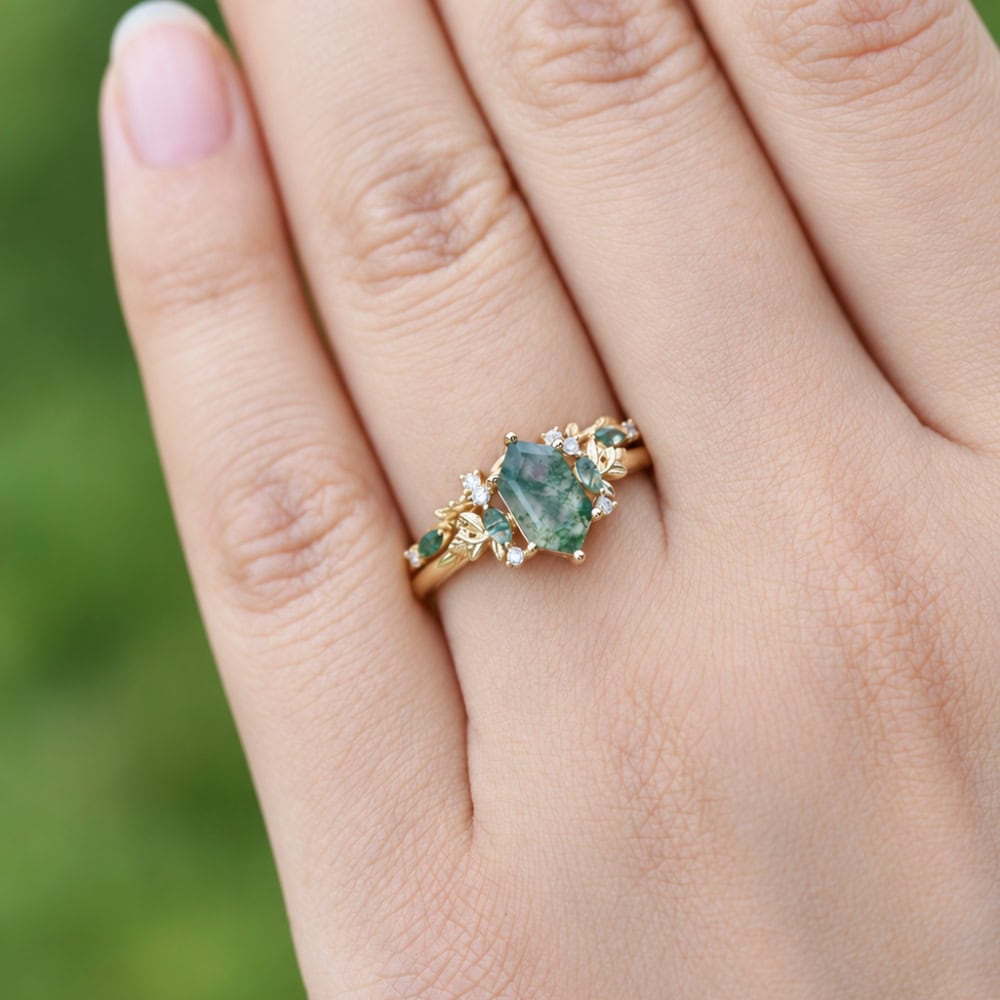 Secret Garden Ring in Hexagon Cut Moss Agate - Jasmine - Image 3