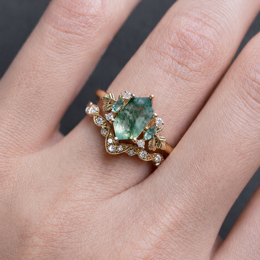 Secret Garden Ring in Hexagon Cut Moss Agate - Jasmine - Image 4