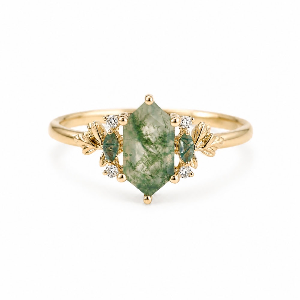 Hexagon moss agate engagement ring with botanical leaf details