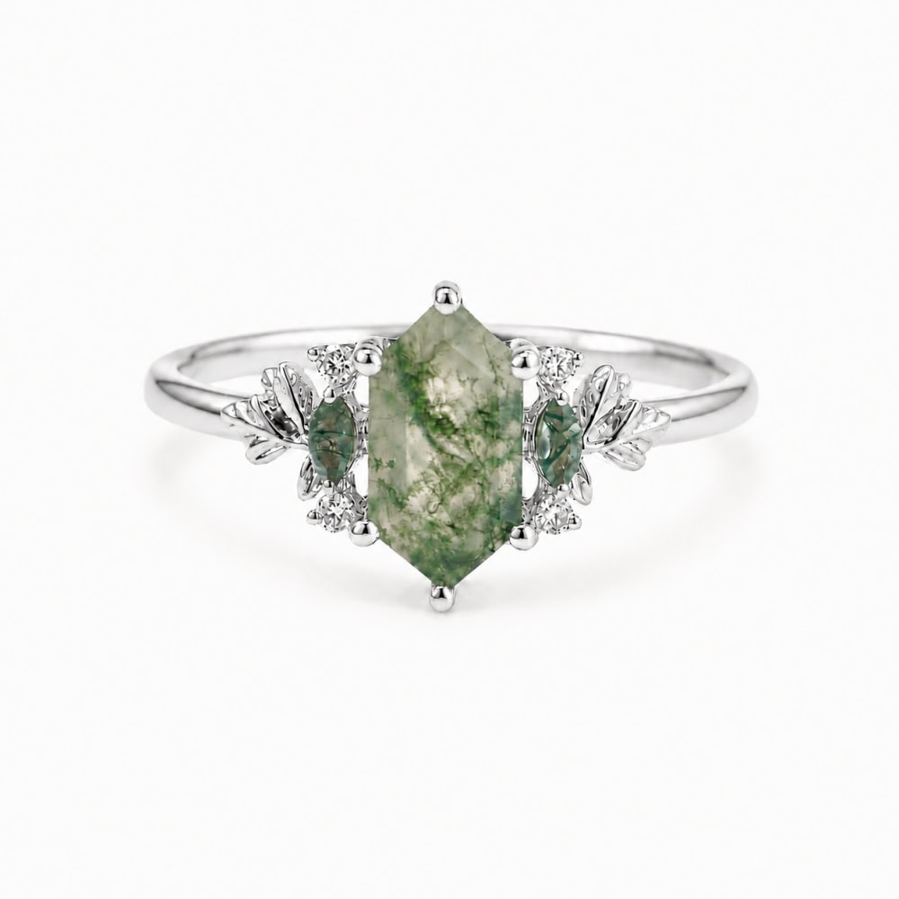 Secret Garden Ring in Hexagon Cut Moss Agate - Jasmine - Image 3