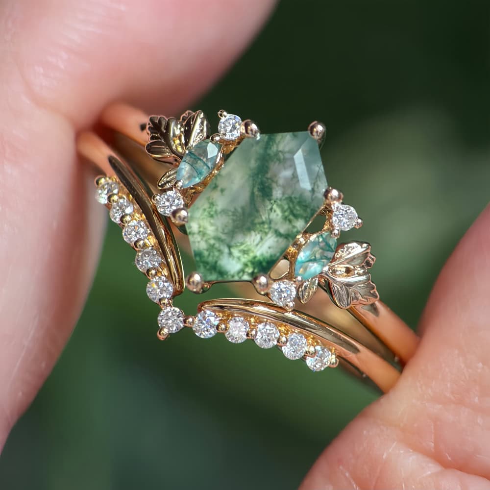 Secret Garden Ring in Hexagon Cut Moss Agate - Jasmine - Image 2