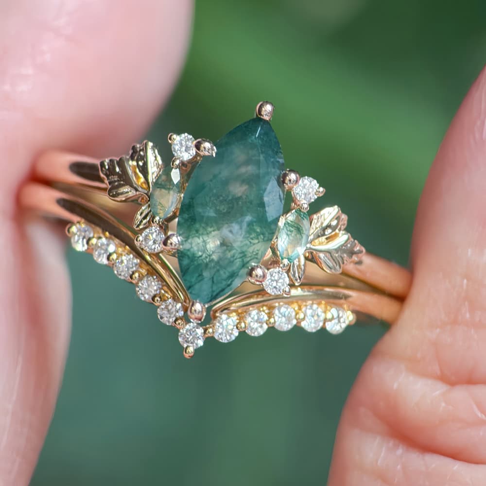 Secret Garden Ring in Marquise Cut Moss Agate - Jasmine - Image 2