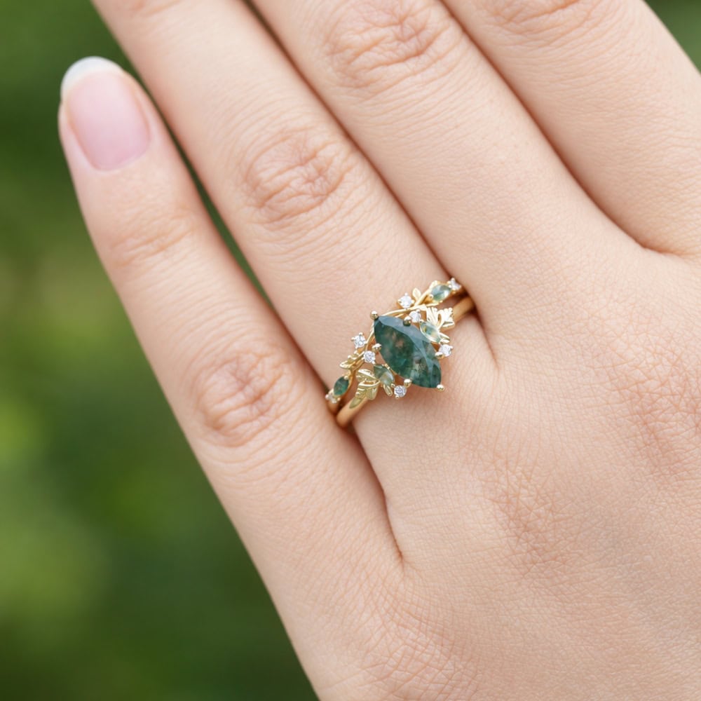 Secret Garden Ring in Marquise Cut Moss Agate - Jasmine - Image 4