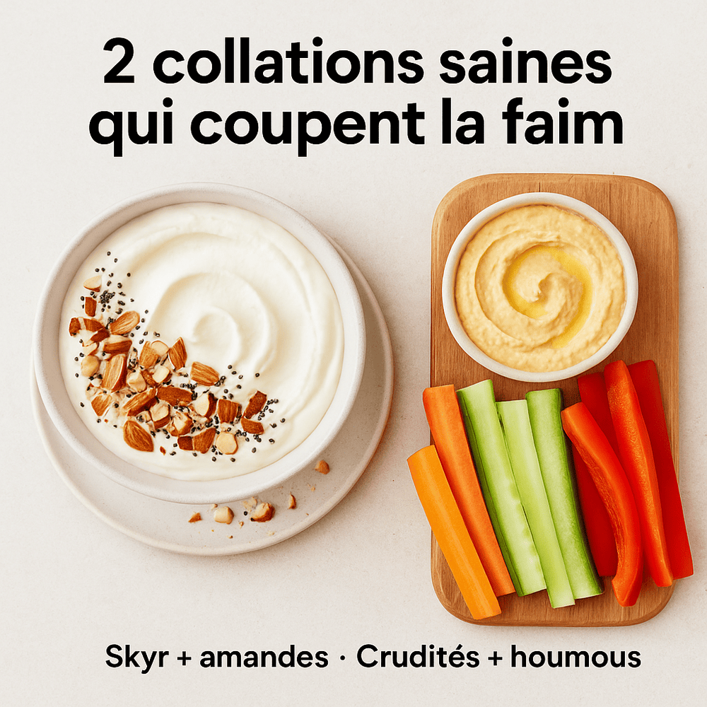 Bol de skyr avec amandes et graines de chia, crudités colorées et houmous, texte « 2 collations saines qui coupent la faim ».