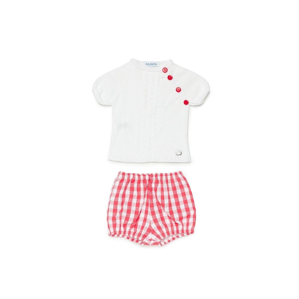 CONJUNTO PANTALON TELA CUADROS BLANCO ROJO